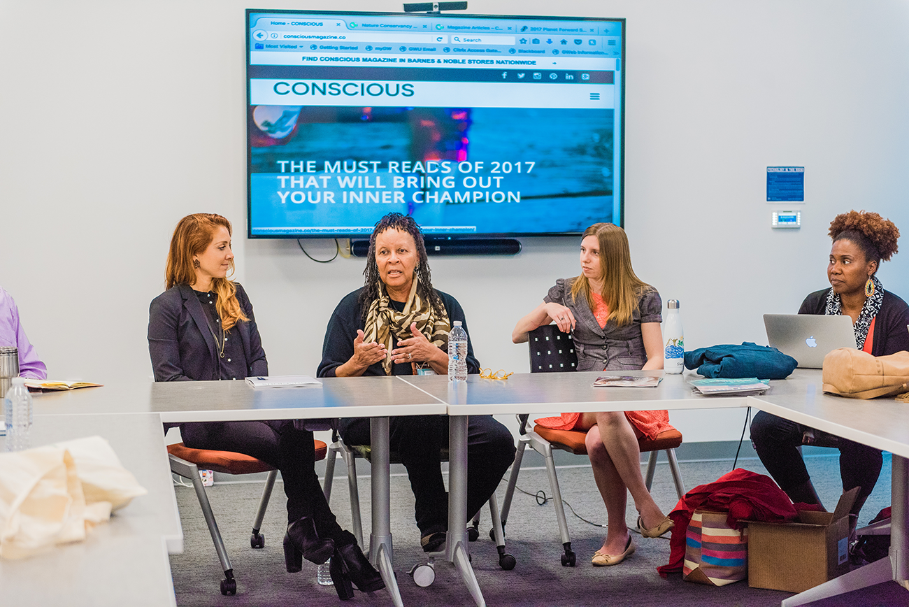 Co-Founder and Editor in Chief of Conscious Magazine Rachael Baxter (left), filmmaker Dr. Wilma Mosley Clopton (left-center), and Associate Editor of the Nature Conservancy Jenny Rogers (right-center), discuss narrative storytelling with Imani Cheers (left).